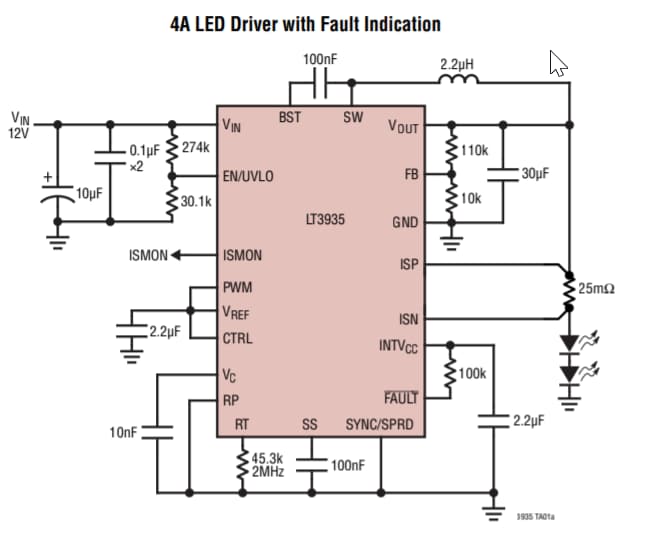 Schéma du circuit d'application - Analog Devices Inc. Pilote LED abaisseur synchrone LT3935